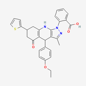 molecular formula C30H27N3O4S B12479011 2-[4-(4-ethoxyphenyl)-3-methyl-5-oxo-7-(thiophen-2-yl)-4,5,6,7,8,9-hexahydro-1H-pyrazolo[3,4-b]quinolin-1-yl]benzoic acid 