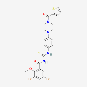 molecular formula C24H22Br2N4O3S2 B12479398 3,5-dibromo-2-methoxy-N-({4-[4-(thiophen-2-ylcarbonyl)piperazin-1-yl]phenyl}carbamothioyl)benzamide 