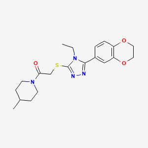 molecular formula C20H26N4O3S B12481792 2-{[5-(2,3-dihydro-1,4-benzodioxin-6-yl)-4-ethyl-4H-1,2,4-triazol-3-yl]sulfanyl}-1-(4-methylpiperidin-1-yl)ethanone 