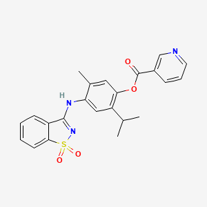 molecular formula C23H21N3O4S B12482240 4-[(1,1-Dioxido-1,2-benzothiazol-3-yl)amino]-5-methyl-2-(propan-2-yl)phenyl pyridine-3-carboxylate 