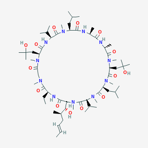 molecular formula C62H111N11O14 B1248303 (3S,6S,9S,12R,15S,18S,21S,24S,30S,33S)-30-ethyl-33-[(1R,2R,4E)-1-hydroxy-2-methylhex-4-en-1-yl]-9,24-bis(2-hydroxy-2-methylpropyl)-6,18-diisobutyl-3,21-diisopropyl-1,4,7,10,12,15,19,25,28-nonamethyl-1,4,7,10,13,16,19,22,25,28,31-undecaazacyclotritriacontane-2,5,8,11,14,17,20,23,26,29,32-undecone 