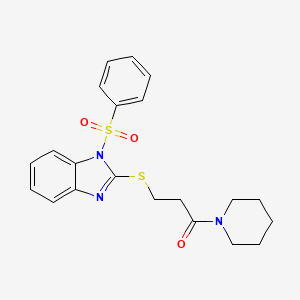 molecular formula C21H23N3O3S2 B12484205 3-{[1-(phenylsulfonyl)-1H-benzimidazol-2-yl]sulfanyl}-1-(piperidin-1-yl)propan-1-one 