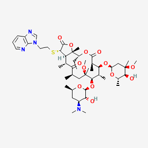 molecular formula C48H76N4O13S B1248463 (1S,2R,5R,6S,7S,8R,9R,11R,13R,14R,15S)-8-[(2S,3R,4S,6R)-4-(dimethylamino)-3-hydroxy-6-methyloxan-2-yl]oxy-2-ethyl-6-[(2R,4R,5S,6S)-5-hydroxy-4-methoxy-4,6-dimethyloxan-2-yl]oxy-15-(2-imidazo[4,5-b]pyridin-3-ylethylsulfanyl)-9-methoxy-1,5,7,9,11,13-hexamethyl-3,17-dioxabicyclo[12.3.0]heptadecane-4,12,16-trione 