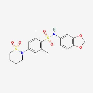 molecular formula C19H22N2O6S2 B12485643 N-(1,3-benzodioxol-5-yl)-4-(1,1-dioxido-1,2-thiazinan-2-yl)-2,6-dimethylbenzenesulfonamide 