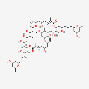 molecular formula C74H128O20 B1248689 (5E,25E)-3,11,13,23,31,33-hexahydroxy-9,29-bis[3-hydroxy-6-(4-methoxy-6-methyloxan-2-yl)-4-methylhexan-2-yl]-15,35-dimethoxy-6,10,14,26,30,34-hexamethyl-8,28,41,42-tetraoxatricyclo[35.3.1.117,21]dotetraconta-5,19,25,39-tetraene-7,27-dione 