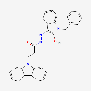 molecular formula C30H24N4O2 B12486903 N'-[(3E)-1-benzyl-2-oxo-1,2-dihydro-3H-indol-3-ylidene]-3-(9H-carbazol-9-yl)propanehydrazide 