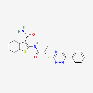 molecular formula C21H21N5O2S2 B12487479 2-({2-[(6-Phenyl-1,2,4-triazin-3-yl)sulfanyl]propanoyl}amino)-4,5,6,7-tetrahydro-1-benzothiophene-3-carboxamide 