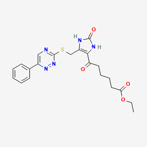 ethyl 6-oxo-6-(2-oxo-5-{[(6-phenyl-1,2,4-triazin-3-yl)sulfanyl]methyl}-2,3-dihydro-1H-imidazol-4-yl)hexanoate