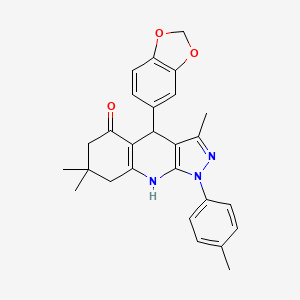 molecular formula C27H27N3O3 B12488306 4-(1,3-benzodioxol-5-yl)-3,7,7-trimethyl-1-(4-methylphenyl)-1,4,6,7,8,9-hexahydro-5H-pyrazolo[3,4-b]quinolin-5-one 