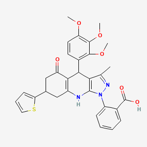 2-[3-methyl-5-oxo-7-(thiophen-2-yl)-4-(2,3,4-trimethoxyphenyl)-4,5,6,7,8,9-hexahydro-1H-pyrazolo[3,4-b]quinolin-1-yl]benzoic acid