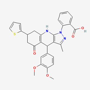 molecular formula C30H27N3O5S B12488545 2-[4-(3,4-dimethoxyphenyl)-3-methyl-5-oxo-7-(thiophen-2-yl)-4,5,6,7,8,9-hexahydro-1H-pyrazolo[3,4-b]quinolin-1-yl]benzoic acid 