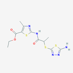 molecular formula C12H15N5O3S3 B12488691 Ethyl 2-({2-[(5-amino-1,3,4-thiadiazol-2-yl)sulfanyl]propanoyl}amino)-4-methyl-1,3-thiazole-5-carboxylate 