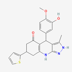 molecular formula C22H21N3O3S B12489047 4-(3-hydroxy-4-methoxyphenyl)-3-methyl-7-(thiophen-2-yl)-1,4,6,7,8,9-hexahydro-5H-pyrazolo[3,4-b]quinolin-5-one 