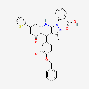 molecular formula C36H31N3O5S B12489324 2-{4-[4-(benzyloxy)-3-methoxyphenyl]-3-methyl-5-oxo-7-(thiophen-2-yl)-4,5,6,7,8,9-hexahydro-1H-pyrazolo[3,4-b]quinolin-1-yl}benzoic acid 