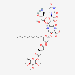 molecular formula C53H87N5O22 B1248949 (2S,5S,6S)-2-[(S)-[(2S,3R,4S,5R)-5-(氨甲基)-3,4-二羟基氧杂环-2-基]氧基-[(2S,3S,4R,5R)-5-(2,4-二氧嘧啶-1-基)-3,4-二羟基氧杂环-2-基]甲基]-1,4-二甲基-6-[(3S)-14-甲基-3-[(3S)-3-甲基-5-氧代-5-[(2S,3R,4R,5S,6S)-3,4,5-三甲氧基-6-甲基氧杂环-2-基]氧基戊酰]氧基十五酰]氧基-3-氧代-1,4-二氮杂环-5-羧酸 