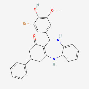 molecular formula C26H23BrN2O3 B12489732 11-(3-bromo-4-hydroxy-5-methoxyphenyl)-3-phenyl-2,3,4,5,10,11-hexahydro-1H-dibenzo[b,e][1,4]diazepin-1-one 