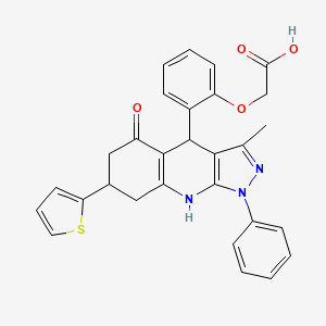 {2-[3-methyl-5-oxo-1-phenyl-7-(thiophen-2-yl)-4,5,6,7,8,9-hexahydro-1H-pyrazolo[3,4-b]quinolin-4-yl]phenoxy}acetic acid