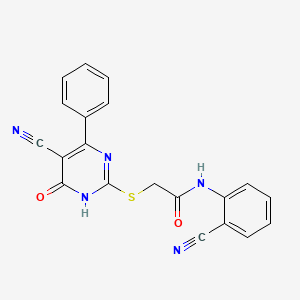 molecular formula C20H13N5O2S B12491178 2-[(5-cyano-4-oxo-6-phenyl-1H-pyrimidin-2-yl)sulfanyl]-N-(2-cyanophenyl)acetamide 