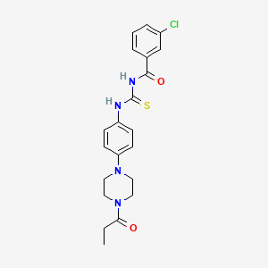 molecular formula C21H23ClN4O2S B12491333 3-chloro-N-{[4-(4-propanoylpiperazin-1-yl)phenyl]carbamothioyl}benzamide 