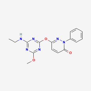 molecular formula C16H16N6O3 B12491442 6-(4-Ethylamino-6-methoxy-[1,3,5]triazin-2-yloxy)-2-phenyl-2H-pyridazin-3-one 