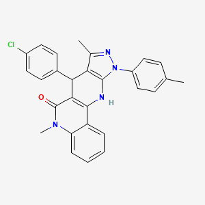 molecular formula C28H23ClN4O B12491857 7-(4-chlorophenyl)-5,8-dimethyl-10-(4-methylphenyl)-5,7,10,11-tetrahydro-6H-benzo[h]pyrazolo[3,4-b][1,6]naphthyridin-6-one 