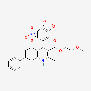 molecular formula C27H26N2O8 B12491908 2-Methoxyethyl 2-methyl-4-(6-nitro-1,3-benzodioxol-5-yl)-5-oxo-7-phenyl-1,4,5,6,7,8-hexahydroquinoline-3-carboxylate 