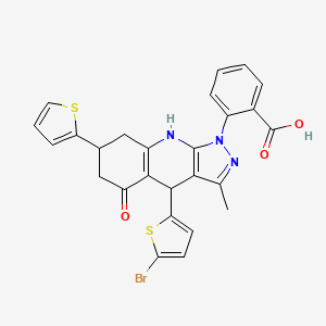 molecular formula C26H20BrN3O3S2 B12493169 2-[4-(5-bromothiophen-2-yl)-3-methyl-5-oxo-7-(thiophen-2-yl)-4,5,6,7,8,9-hexahydro-1H-pyrazolo[3,4-b]quinolin-1-yl]benzoic acid 