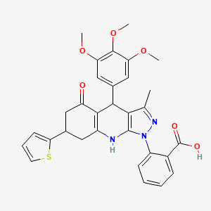 2-[3-methyl-5-oxo-7-(thiophen-2-yl)-4-(3,4,5-trimethoxyphenyl)-4,5,6,7,8,9-hexahydro-1H-pyrazolo[3,4-b]quinolin-1-yl]benzoic acid