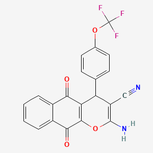 molecular formula C21H11F3N2O4 B12493478 2-amino-5,10-dioxo-4-[4-(trifluoromethoxy)phenyl]-5,10-dihydro-4H-benzo[g]chromene-3-carbonitrile 