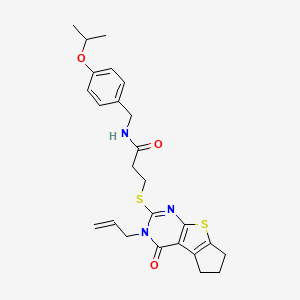 molecular formula C25H29N3O3S2 B12493524 3-{[4-oxo-3-(prop-2-en-1-yl)-3,5,6,7-tetrahydro-4H-cyclopenta[4,5]thieno[2,3-d]pyrimidin-2-yl]sulfanyl}-N-[4-(propan-2-yloxy)benzyl]propanamide 