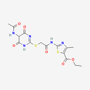 molecular formula C15H17N5O6S2 B12493690 Ethyl 2-[({[5-(acetylamino)-4,6-dioxo-1,4,5,6-tetrahydropyrimidin-2-yl]sulfanyl}acetyl)amino]-4-methyl-1,3-thiazole-5-carboxylate 