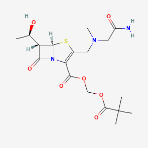 molecular formula C18H27N3O7S B1249410 2,2-dimethylpropanoyloxymethyl (5R,6S)-3-[[(2-amino-2-oxoethyl)-methylamino]methyl]-6-[(1R)-1-hydroxyethyl]-7-oxo-4-thia-1-azabicyclo[3.2.0]hept-2-ene-2-carboxylate 