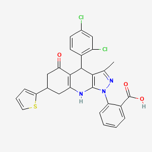 molecular formula C28H21Cl2N3O3S B12494583 2-[4-(2,4-dichlorophenyl)-3-methyl-5-oxo-7-(thiophen-2-yl)-4,5,6,7,8,9-hexahydro-1H-pyrazolo[3,4-b]quinolin-1-yl]benzoic acid 