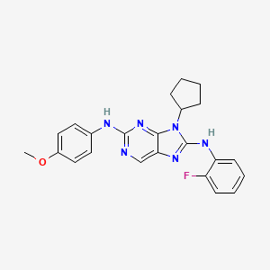 molecular formula C23H23FN6O B1249546 9-cyclopentyl-N(8)-(2-fluorophenyl)-N(2)-(4-methoxyphenyl)-9H-purine-2,8-diamine 