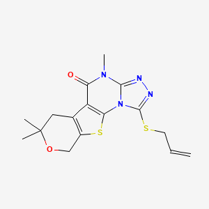 molecular formula C16H18N4O2S2 B12495512 7,12,12-trimethyl-3-prop-2-enylsulfanyl-13-oxa-16-thia-2,4,5,7-tetrazatetracyclo[7.7.0.02,6.010,15]hexadeca-1(9),3,5,10(15)-tetraen-8-one 