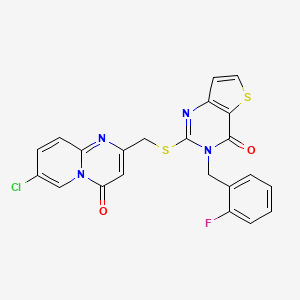 molecular formula C22H14ClFN4O2S2 B12495540 7-chloro-2-({[3-(2-fluorobenzyl)-4-oxo-3,4-dihydrothieno[3,2-d]pyrimidin-2-yl]sulfanyl}methyl)-4H-pyrido[1,2-a]pyrimidin-4-one 