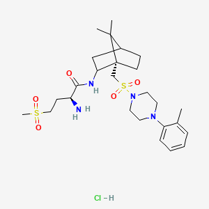 molecular formula C26H43ClN4O5S2 B1249558 (2S)-2-amino-N-[(1S)-7,7-dimethyl-1-[[4-(2-methylphenyl)piperazin-1-yl]sulfonylmethyl]-2-bicyclo[2.2.1]heptanyl]-4-methylsulfonylbutanamide;hydrochloride 
