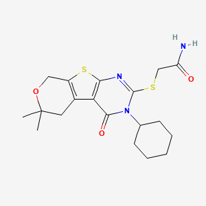 molecular formula C19H25N3O3S2 B12496438 2-[(4-cyclohexyl-12,12-dimethyl-3-oxo-11-oxa-8-thia-4,6-diazatricyclo[7.4.0.02,7]trideca-1(9),2(7),5-trien-5-yl)sulfanyl]acetamide 