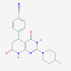 molecular formula C20H21N5O2 B12496960 4-[4-Hydroxy-2-(4-methylpiperidin-1-yl)-7-oxo-5,6,7,8-tetrahydropyrido[2,3-d]pyrimidin-5-yl]benzonitrile 