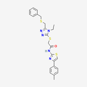 molecular formula C24H25N5OS3 B12498161 2-({5-[(benzylsulfanyl)methyl]-4-ethyl-4H-1,2,4-triazol-3-yl}sulfanyl)-N-[4-(4-methylphenyl)-1,3-thiazol-2-yl]acetamide 