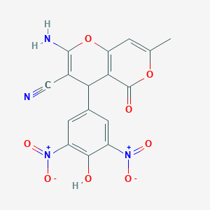 molecular formula C16H10N4O8 B12500571 2-amino-4-(4-hydroxy-3,5-dinitrophenyl)-7-methyl-5-oxo-4H-pyrano[3,2-c]pyran-3-carbonitrile 