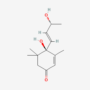 molecular formula C13H20O3 B1250977 4-Hydroxy-4-(3-hydroxy-1-butenyl)-3,5,5-trimethyl-2-cyclohexen-1-one, (4R,3R)-(E)-(+/-)- CAS No. 50763-72-9