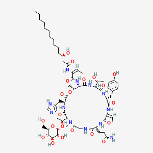 molecular formula C63H96N12O21 B1251085 (3R)-N-[(E)-1-[[(3S,6S,12R,15E,18R,21R,24S,25R)-12-(3-氨基-3-氧丙基)-15-乙叉基-21-[(1R)-1-羟乙基]-18-[(4-羟苯基)甲基]-3-(1H-咪唑-5-基甲基)-7,25-二甲基-2,5,8,11,14,17,20,23-八氧代-6-[(1S)-1-[(2S,3R,4S,5S,6R)-3,4,5-三羟基-6-(羟甲基)氧杂-2-基]氧乙基]-1-氧杂-4,7,10,13,16,19,22-七氮杂环戊二十五-24-基]氨基]-1-氧丁-2-烯-2-基]-3-羟基十四酰胺 