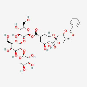 molecular formula C38H52O23 B1251337 [(2S,3R,4S,5S,6R)-3-[(2S,3R,4S,5S,6R)-4,5-二羟基-6-(羟甲基)-3-[(2S,3R,4S,5S)-3,4,5-三羟基氧杂-2-基]氧氧杂-2-基]氧氧-4,5-二羟基-6-(羟甲基)氧杂-2-基] (2S,3aR,4S,4'S,5'R,6S,7aR)-4'-苯甲酰氧基-3a,4-二羟基-5'-甲基-3-氧代螺[5,6,7,7a-四氢-4H-1-苯并呋喃-2,2'-氧杂]-6-羧酸酯 