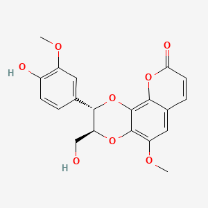 molecular formula C20H18O8 B1251780 9H-Pyrano(2,3-f)-1,4-benzodioxin-9-one, 2,3-dihydro-2-(4-hydroxy-3-methoxyphenyl)-3-(hydroxymethyl)-5-methoxy-, trans-(+-)- 