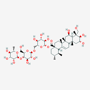 molecular formula C48H78O20 B1252221 [(2S,3R,4S,5S,6R)-6-[[(2R,3R,4R,5S,6R)-3,4-dihydroxy-6-(hydroxymethyl)-5-[(2S,3R,5R,6S)-3,4,5-trihydroxy-6-methyloxan-2-yl]oxyoxan-2-yl]oxymethyl]-3,4,5-trihydroxyoxan-2-yl] (1S,2R,4aS,6aR,6aR,6bR,8R,8aR,9R,10R,11R,12aR,14bS)-8,10,11-trihydroxy-9-(hydroxymethyl)-1,2,6a,6b,9,12a-hexamethyl-2,3,4,5,6,6a,7,8,8a,10,11,12,13,14b-tetradecahydro-1H-picene-4a-carboxylate 