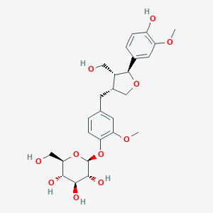 molecular formula C26H34O11 B125230 (2S,3R,4S,5S,6R)-2-[4-[[(3R,4R,5S)-5-(4-hydroxy-3-methoxyphenyl)-4-(hydroxymethyl)oxolan-3-yl]methyl]-2-methoxyphenoxy]-6-(hydroxymethyl)oxane-3,4,5-triol CAS No. 143663-00-7