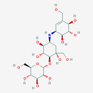 molecular formula C20H35NO14 B1253497 (2R,3S,4S,5R,6R)-2-(hydroxymethyl)-6-[(1S,2R,4S,5S,6R)-2,5,6-trihydroxy-2-(hydroxymethyl)-4-[[(1S,4R,5S,6S)-4,5,6-trihydroxy-3-(hydroxymethyl)cyclohex-2-en-1-yl]amino]cyclohexyl]oxyoxane-3,4,5-triol 
