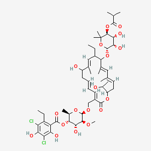 molecular formula C52H74Cl2O18 B1253922 [(2R,3S,4R,5S,6R)-6-[[(3E,5E,9E,13E,15E)-12-[(2R,3S,4R,5S)-3,4-dihydroxy-6,6-dimethyl-5-(2-methylpropanoyloxy)oxan-2-yl]oxy-11-ethyl-8-hydroxy-18-(1-hydroxyethyl)-9,13,15-trimethyl-2-oxo-1-oxacyclooctadeca-3,5,9,13,15-pentaen-3-yl]methoxy]-4-hydroxy-5-methoxy-2-methyloxan-3-yl] 3,5-dichloro-2-ethyl-4,6-dihydroxybenzoate 
