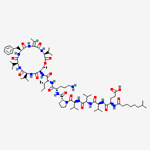 molecular formula C77H126N14O17 B1254473 (4R)-5-[[(2S)-1-[[(2S)-1-[[(2S)-1-[(2R)-2-[[(2S)-5-amino-1-[[(2R,3S)-1-[[(3S,6Z,9S,12S,15S,18R,19R)-9-benzyl-6-ethylidene-19-methyl-2,5,8,11,14,17-hexaoxo-3,12,15-tri(propan-2-yl)-1-oxa-4,7,10,13,16-pentazacyclononadec-18-yl]amino]-3-methyl-1-oxopentan-2-yl]amino]-1-oxopentan-2-yl]carbamoyl]pyrrolidin-1-yl]-3-methyl-1-oxobutan-2-yl]amino]-3-methyl-1-oxobutan-2-yl]amino]-3-methyl-1-oxobutan-2-yl]amino]-4-(7-methyloctanoylamino)-5-oxopentanoic acid 